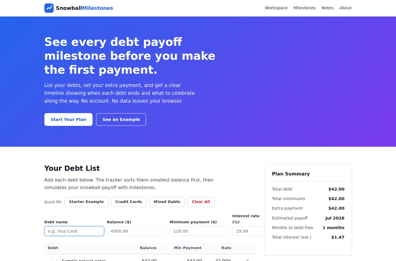 Screenshot of Debt Snowball Milestone Tracker interface showing the project page in use